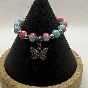 Butterfly Charm Bracelet With Pink & Blue Faceted Beads Silver Accents